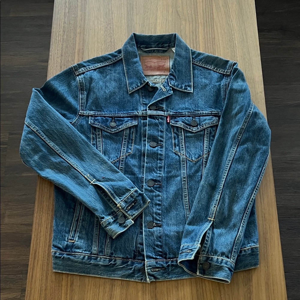 Levi's Blue Denim Jacket With Brown Patch - image 1